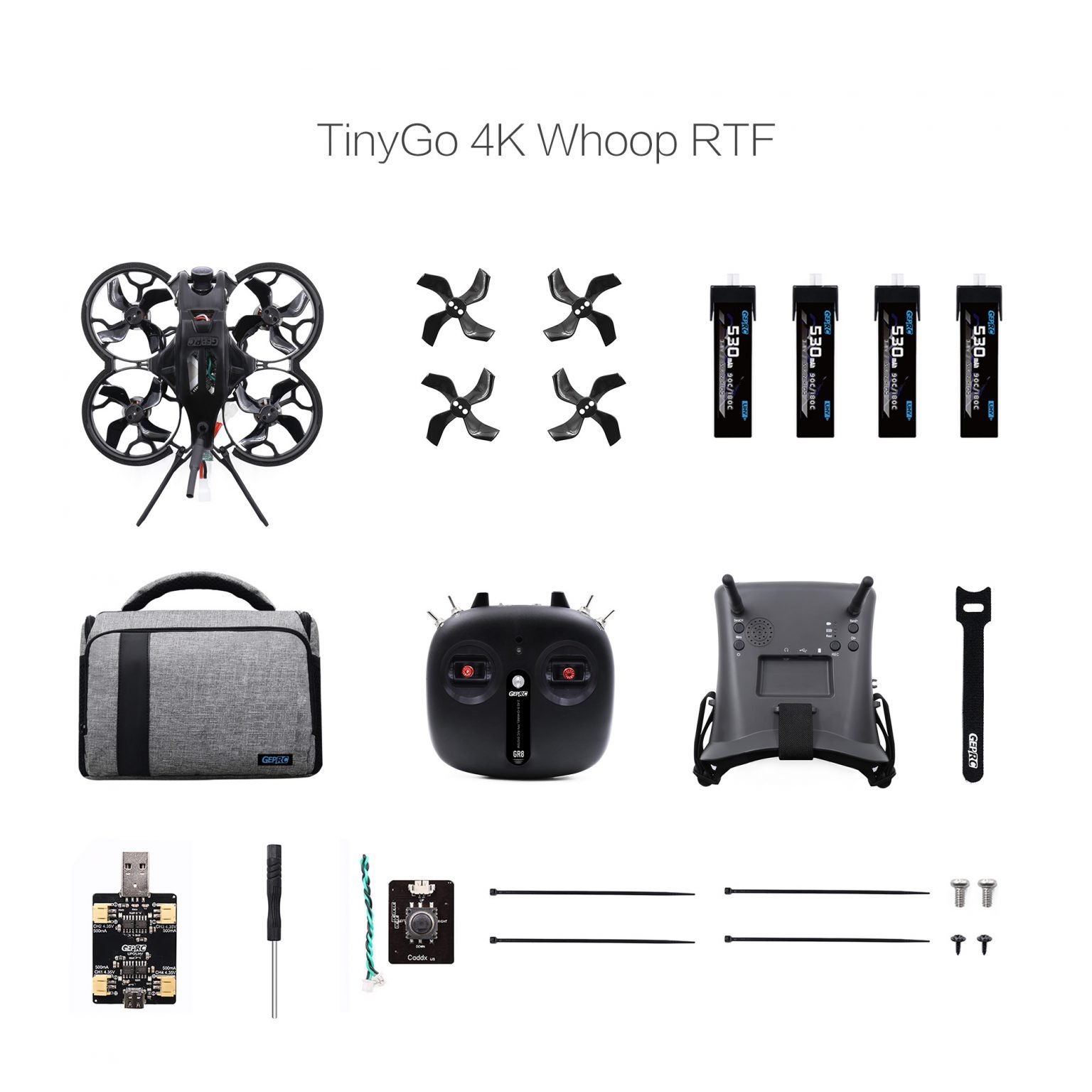 GEPRC TinyGO 4K FPV Whoop RTF - комплект: дрон з БК моторами, FPV окулярами, пультом, 4 батареями, з кейсом